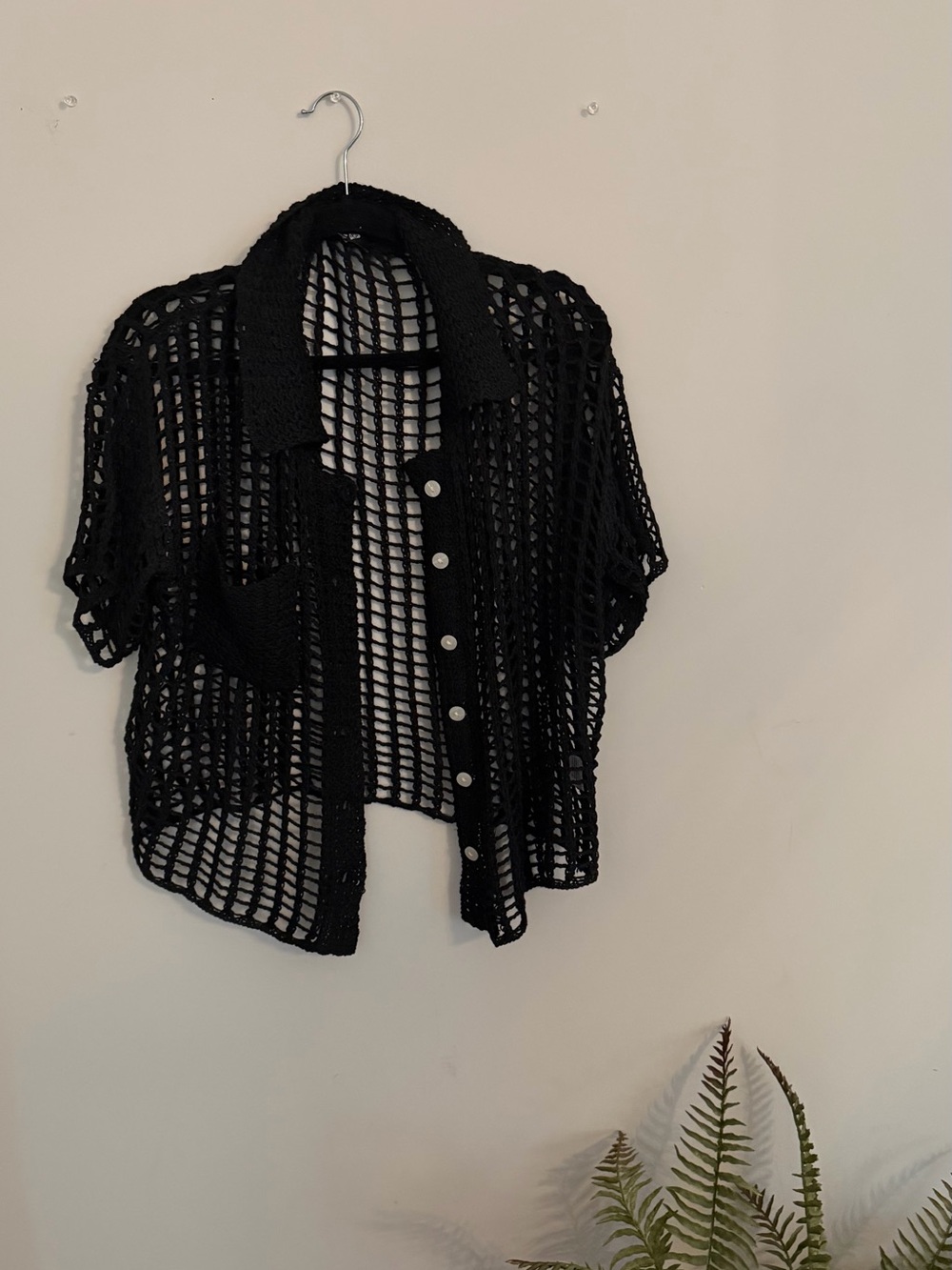 Black Crochet Open-Knit Short Sleeve Cardigan Sweater